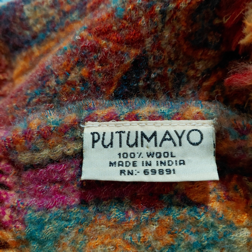 VTG PUTUMAYO 100% WOOL MADE IN INDIA PAISLEY BOHO SHAWL FRINGE ARM HOLES CRINKLE - Picture 8 of 8